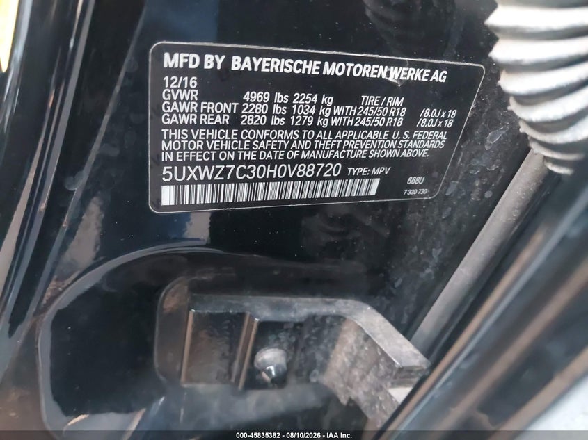 BMW X3 2017 VIN 5UXWZ7C30H0V88720