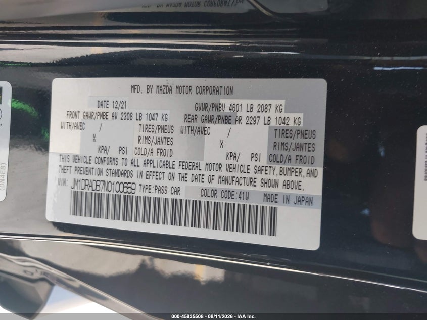 MAZDA MX-30 EV 2022 VIN JM1DRADB7N0100659