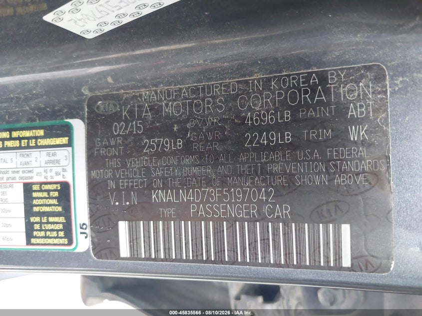 KIA CADENZA 2015 VIN KNALN4D73F5197042