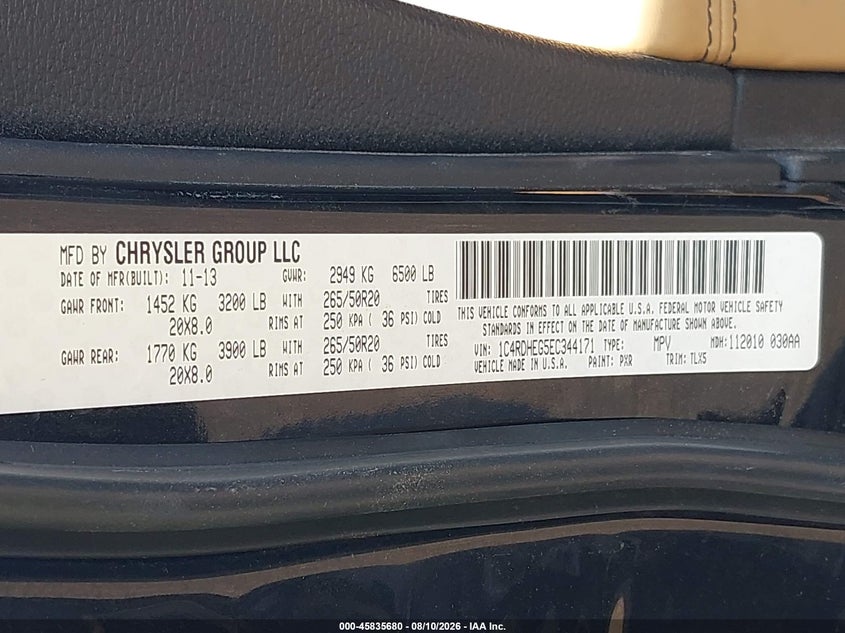 DODGE DURANGO 2014 VIN 1C4RDHEG5EC344171