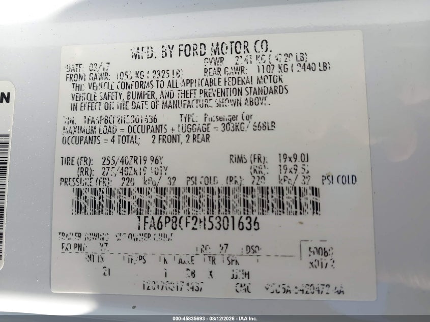 FORD MUSTANG 2017 VIN 1FA6P8CF2H5301636