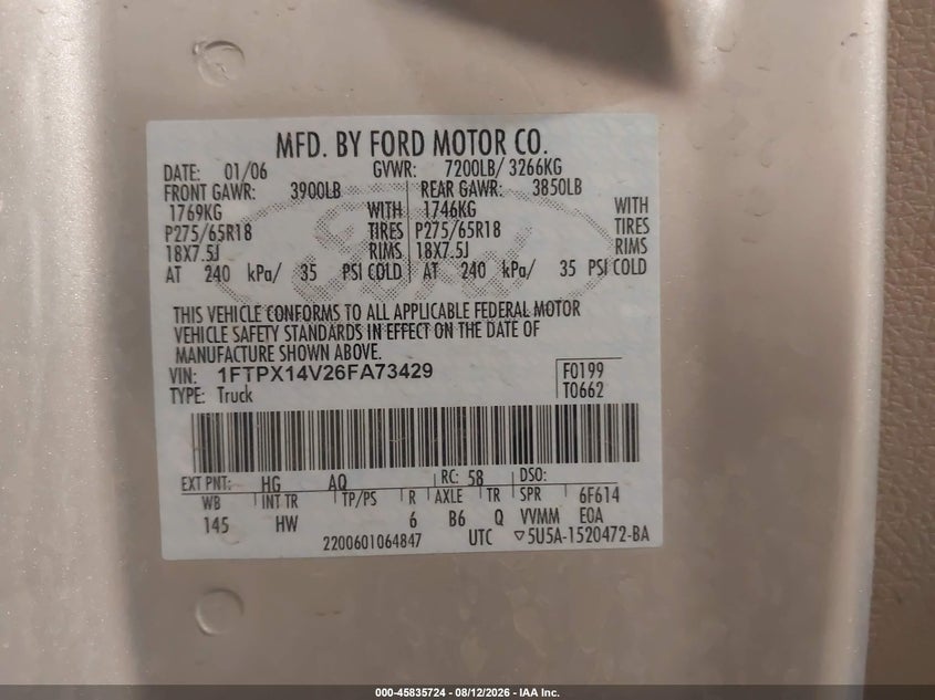 FORD F150 2006 VIN 1FTPX14V26FA73429