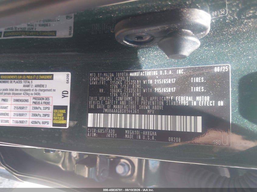 TOYOTA COROLLA CROSS 2025 VIN 7MUBAAAG8SV144361