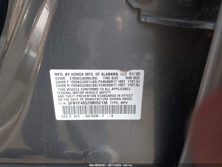 HONDA PILOT 2009 VIN 5FNYF48529B052138