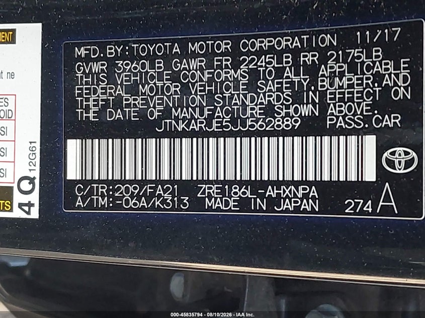 TOYOTA COROLLA IM 2018 VIN JTNKARJE5JJ562889