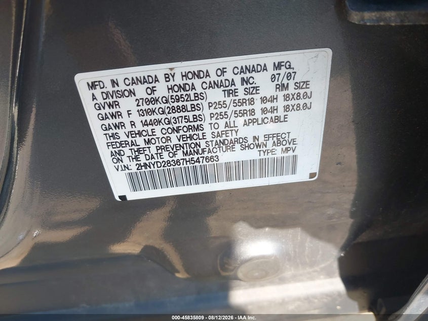2007 ACURA MDX SPORT UTILITY VEHICLE 3.7L V-6 VVT, 300HP