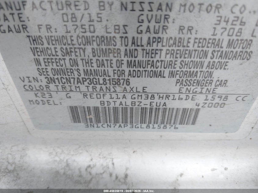 2016 NISSAN VERSA SEDAN 1.6L I-4 DOHC, VVT, 109HP
