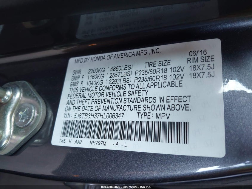 ACURA RDX 2017 VIN 5J8TB3H37HL006347