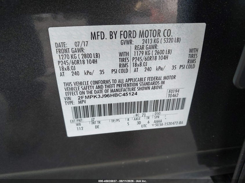 2017 FORD EDGE SPORT UTILITY VEHICLE 2.0L I-4 DI, DOHC, VVT, TURBO, 245HP