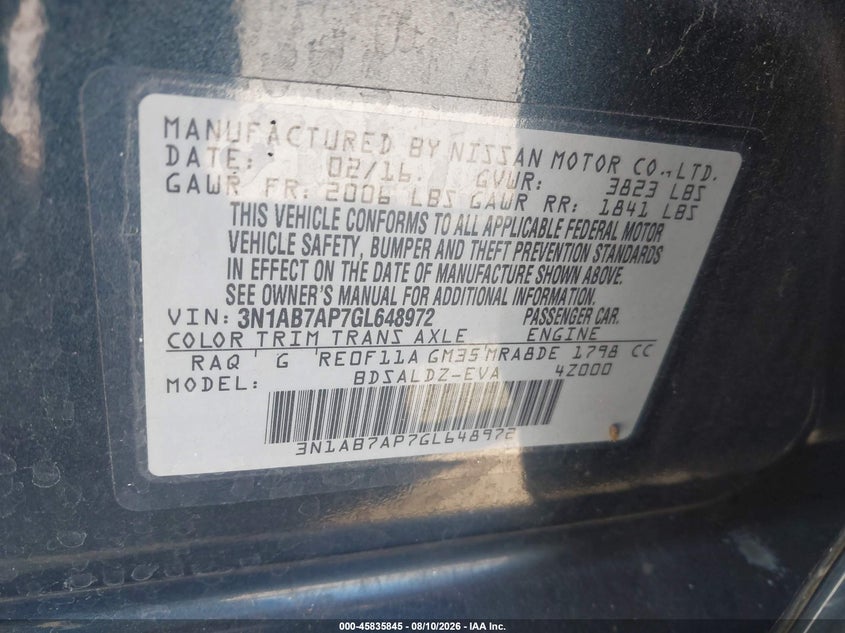 2016 NISSAN SENTRA SEDAN 1.8L I-4 DOHC, VVT, 124HP