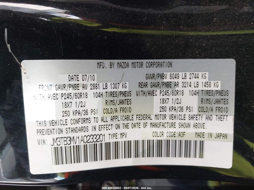 MAZDA CX-9 2010 VIN JM3TB3MV1A0233201