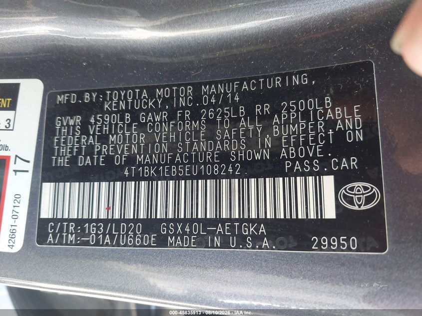 2014 TOYOTA AVALON SEDAN 3.5L V-6 DOHC, VVT, 268HP