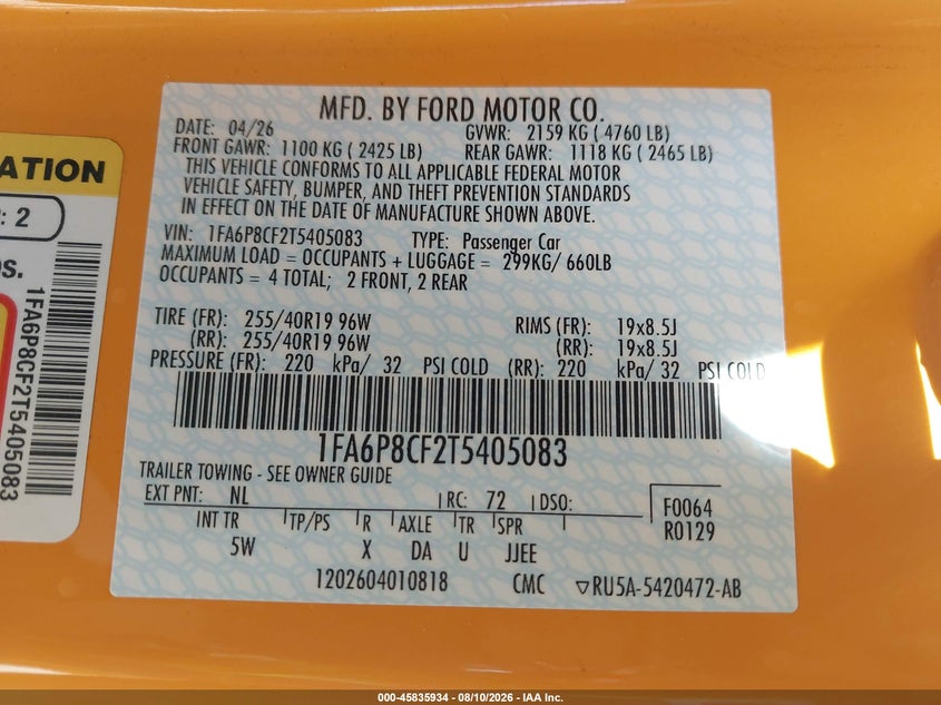 FORD MUSTANG 2026 VIN 1FA6P8CF2T5405083
