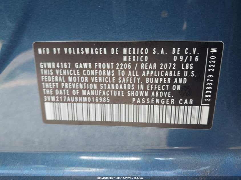VOLKSWAGEN GOLF 2017 VIN 3VW217AU8HM016985
