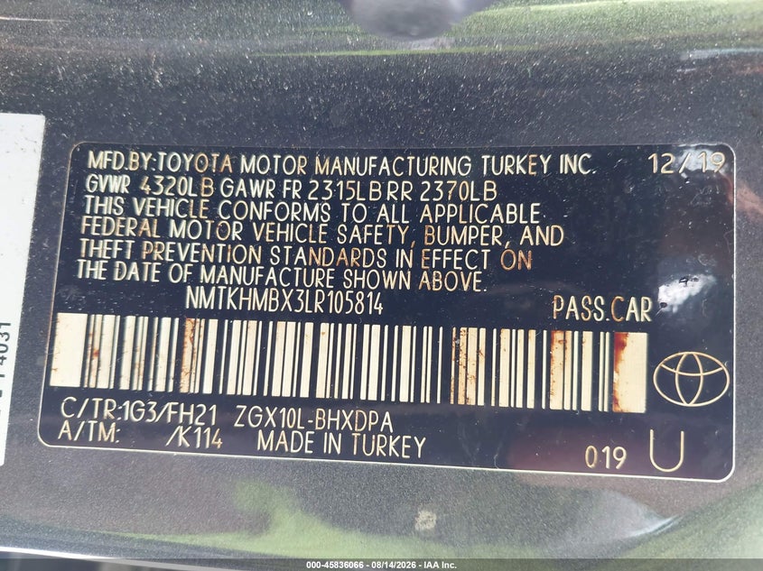 TOYOTA C-HR 2020 VIN NMTKHMBX3LR105814