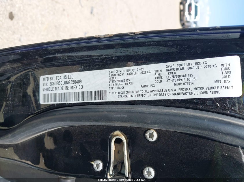 RAM 2500 2022 VIN 3C6UR5CL0NG350409