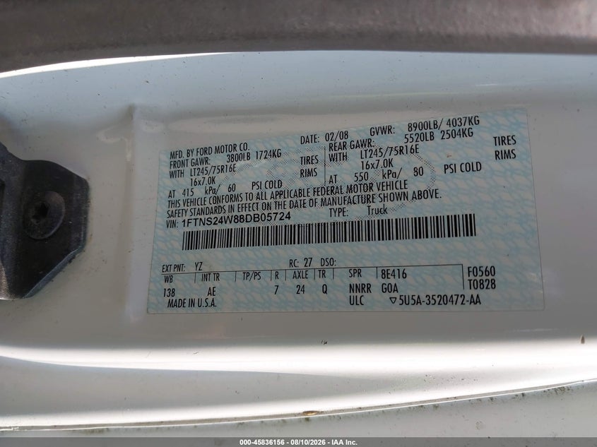 FORD E-250 2008 VIN 1FTNS24W88DB05724