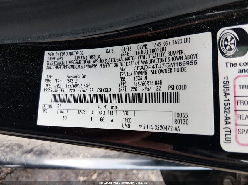 2016 FORD FIESTA HATCHBACK 1.6L I-4 DOHC, VVT, 120HP