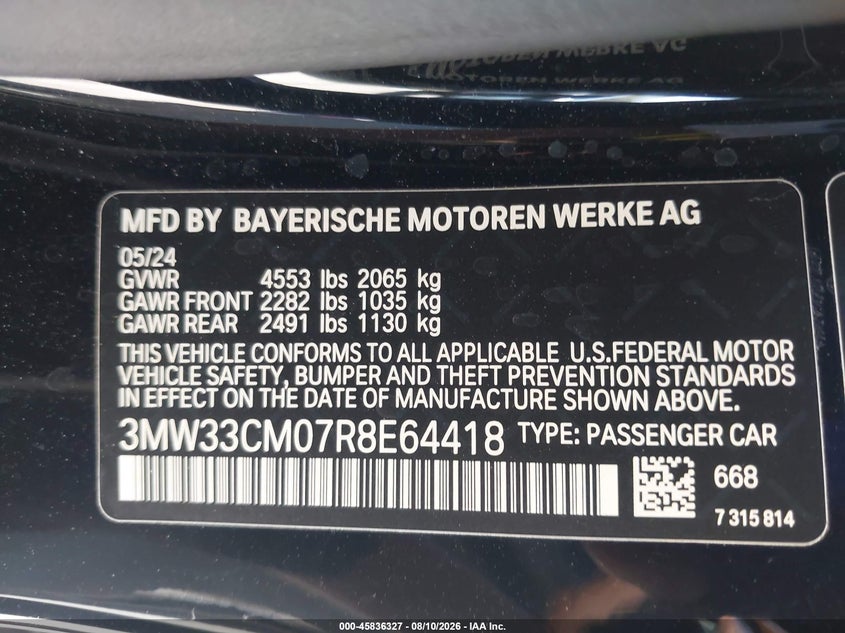 BMW 230I 2024 VIN 3MW33CM07R8E64418