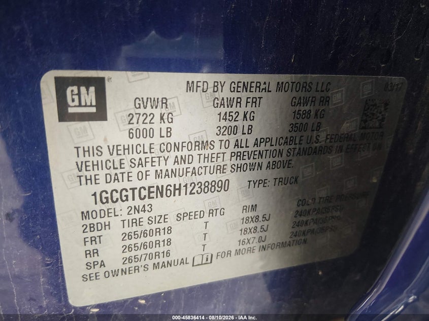CHEVROLET COLORADO 2017 VIN 1GCGTCEN6H1238890