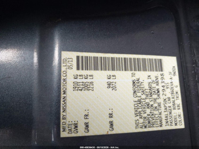 2013 NISSAN ALTIMA SEDAN 2.5L I-4 DOHC, VVT, 182HP