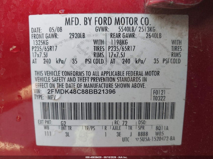 2008 FORD EDGE SPORT UTILITY VEHICLE 3.5L V-6 DOHC, VVT, 265HP