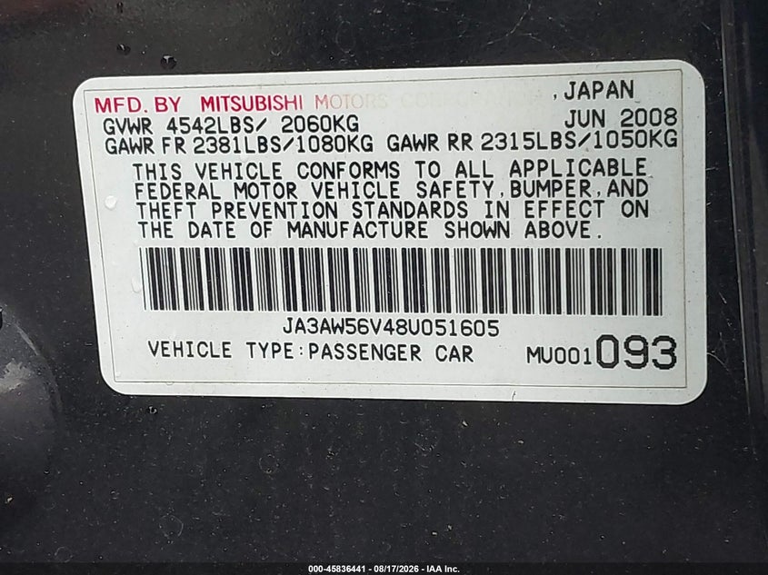 MITSUBISHI LANCER EVOLUTION 2008 VIN JA3AW56V48U051605
