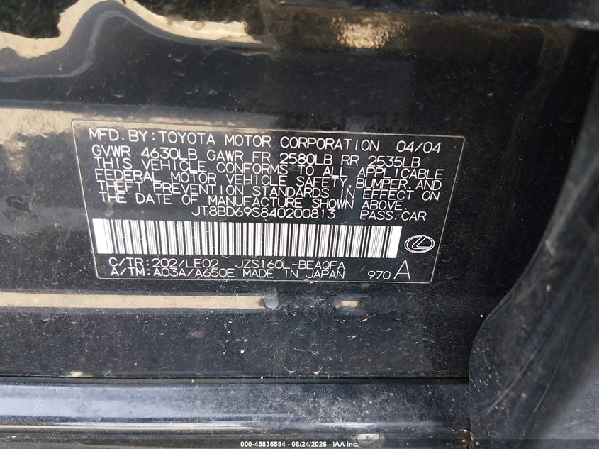 2004 LEXUS GS 300 SEDAN 3.0L I-6 DOHC, VVT, 220HP