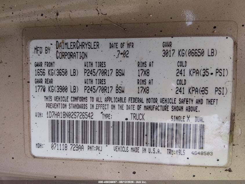 DODGE RAM 1500 2002 VIN 1D7HA18N02S726542