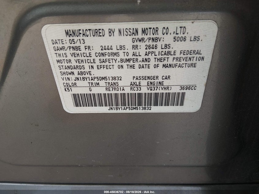 INFINITI M37 2013 VIN JN1BY1AP5DM513832