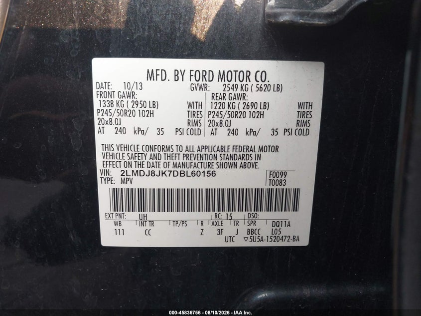 LINCOLN MKX 2013 VIN 2LMDJ8JK7DBL60156