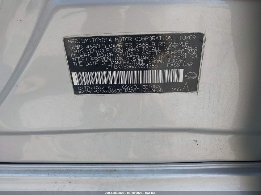 LEXUS ES 350 2010 VIN JTHBK1EG6A2354785