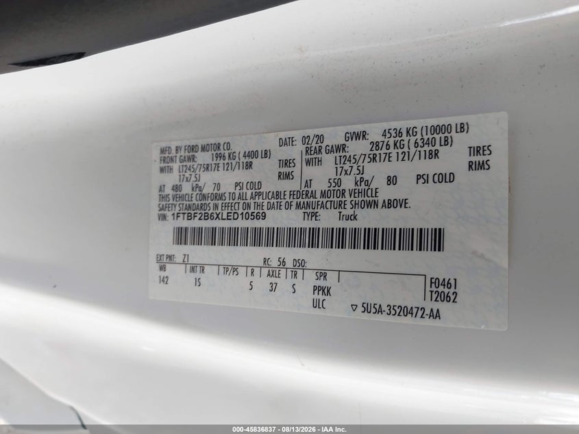 FORD F-250 2020 VIN 1FTBF2B6XLED10569