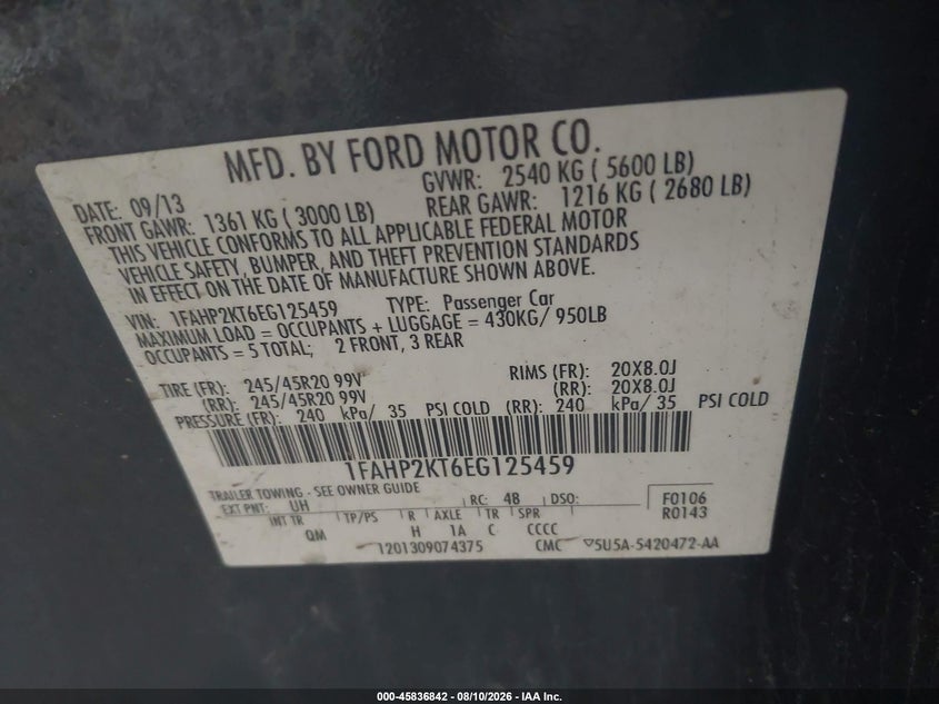 FORD TAURUS 2014 VIN 1FAHP2KT6EG125459