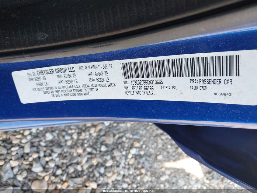 DODGE AVENGER 2012 VIN 1C3CDZCB6CN313665