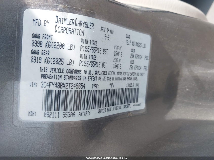 CHRYSLER PT CRUISER 2002 VIN 3C4FY48BX2T249654
