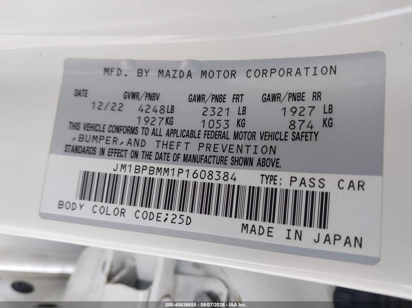 MAZDA MAZDA3 2023 VIN JM1BPBMM1P1608384