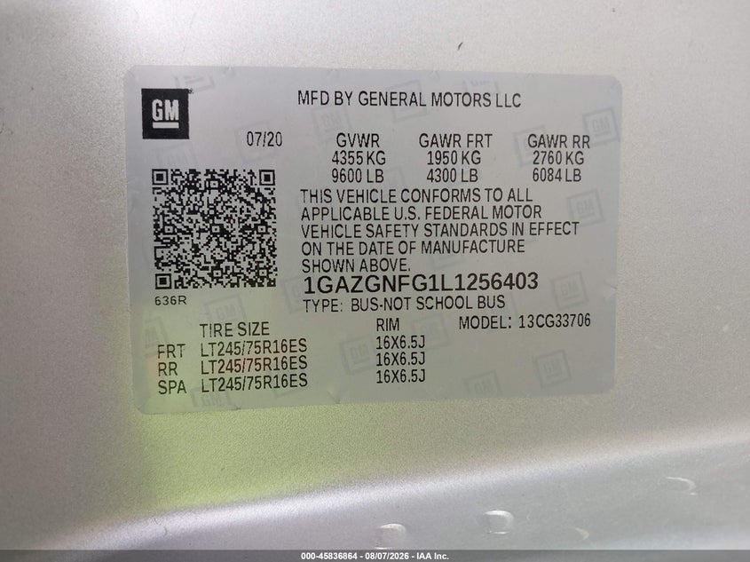 CHEVROLET EXPRESS PASSENGER 2020 VIN 1GAZGNFG1L1256403