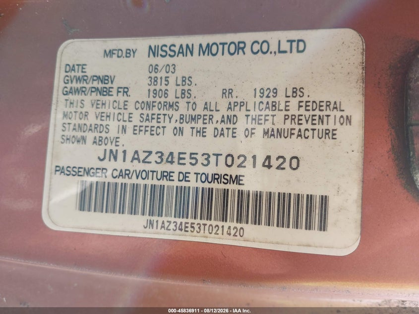 NISSAN 350Z 2003 VIN JN1AZ34E53T021420