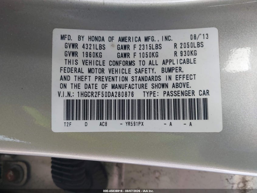 2013 HONDA ACCORD auction photo 8