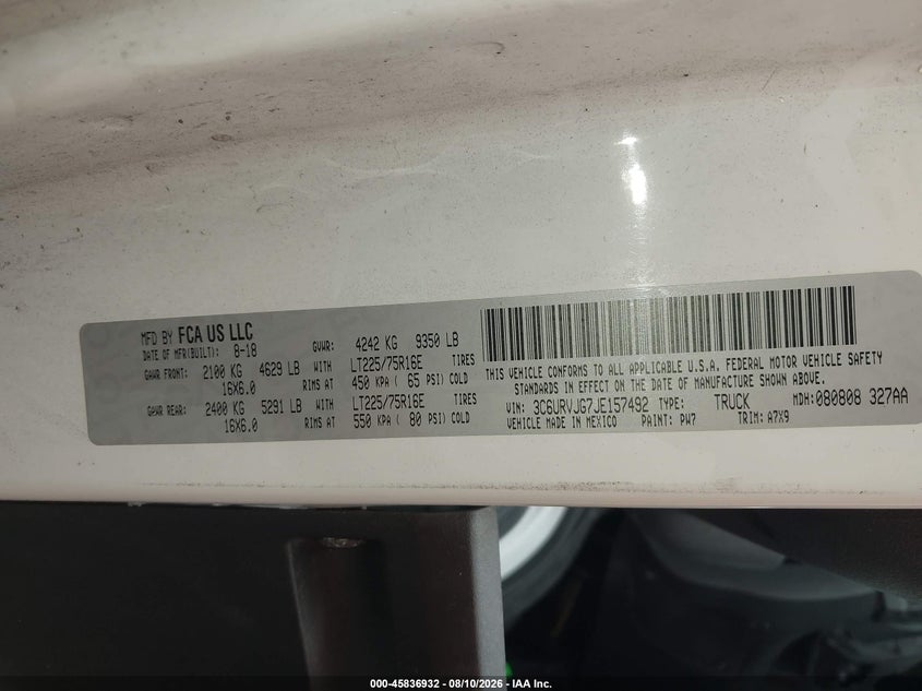 RAM PROMASTER 3500 2018 VIN 3C6URVJG7JE157492