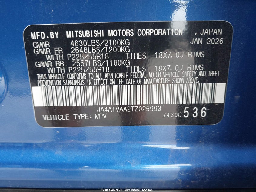 MITSUBISHI ECLIPSE CROSS 2026 VIN JA4ATVAA2TZ025993