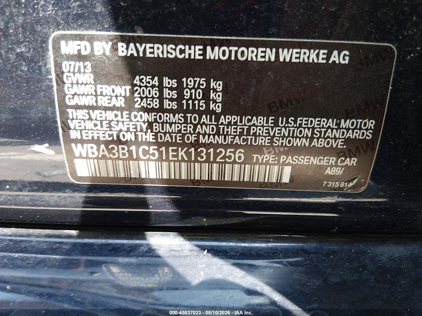 BMW 320I 2014 VIN WBA3B1C51EK131256