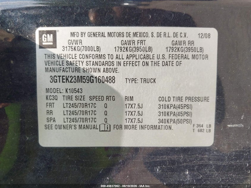 2009 GMC SIERRA PICKUP 5.3L V8 FI OHV 16V NF2