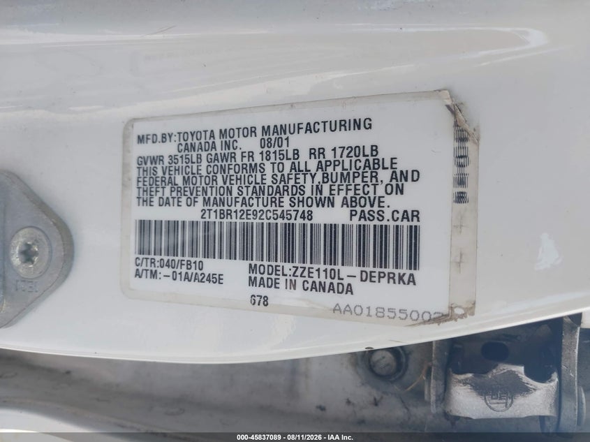 TOYOTA COROLLA 2002 VIN 2T1BR12E92C545748