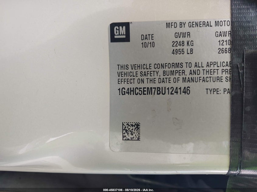 BUICK LUCERNE 2011 VIN 1G4HC5EM7BU124146