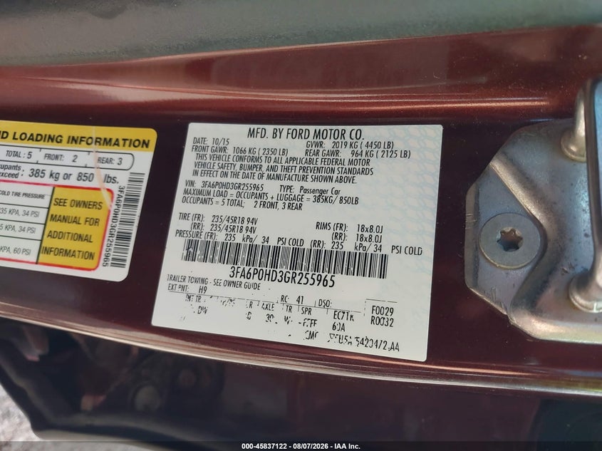 2016 FORD FUSION SEDAN 1.5L I4 FI DOHC 16V NF4