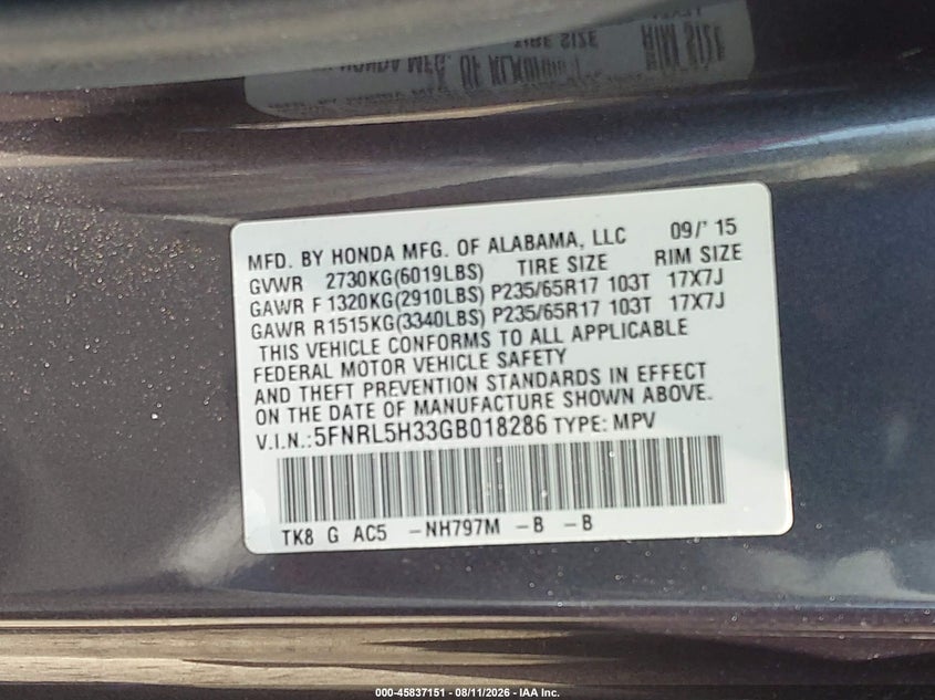 2016 HONDA ODYSSEY VAN 3.5L V-6 VVT, 248HP