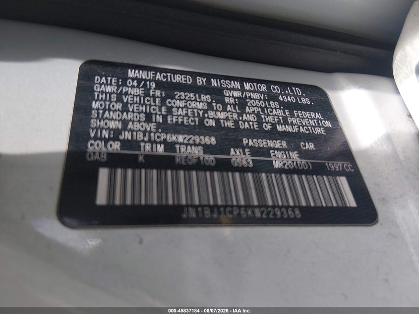 NISSAN ROGUE SPORT 2019 VIN JN1BJ1CP6KW229368