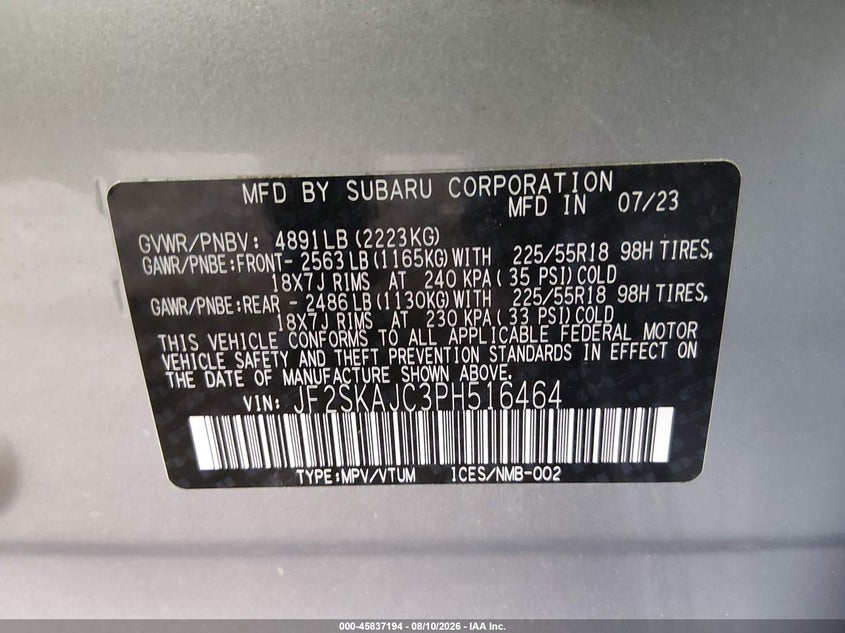 SUBARU FORESTER 2023 VIN JF2SKAJC3PH516464